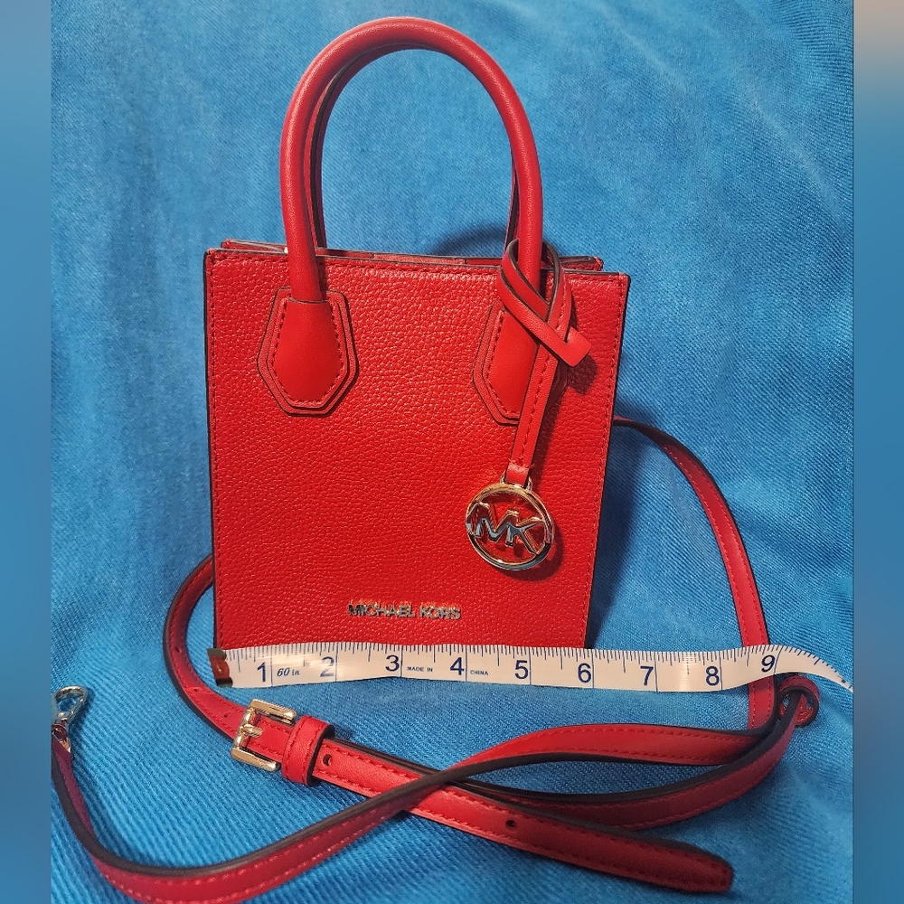 Michael Kors Mercer XS Pebbled Leather MK Signature Satchel Crossbody Bag.
